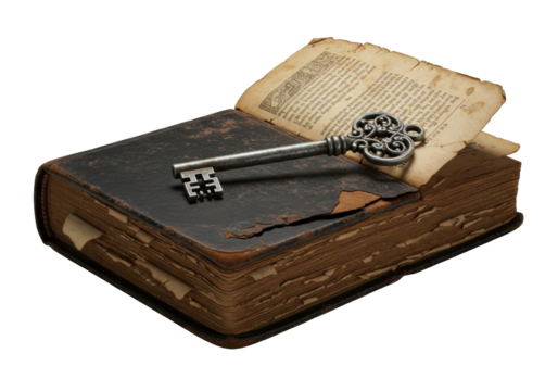 Ancient, torn leather-bound book with yellowed, dog-eared pages, and an ornate antique skeleton key resting on an open page, isolated on transparent background. Concept of forgotten secrets