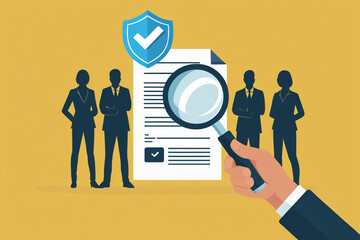 Business People Examining Document with Magnifying Glass and Shield image