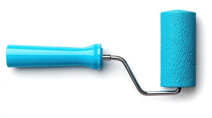 Overhead view of a bright blue paint roller with a metal handle