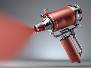 Fototapeta premium Red spray paint gun metal handle industrial tool spraying red paint close up isolated professional equipment modern design