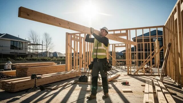 Building construction worker lifting heavy lumber on site under bright sunshine. Framing construction shows construction worker carrying wooden beam as part of new building construction,