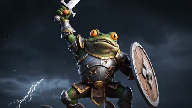 Frog knight in heroic style performs victory dance on dragon during storm