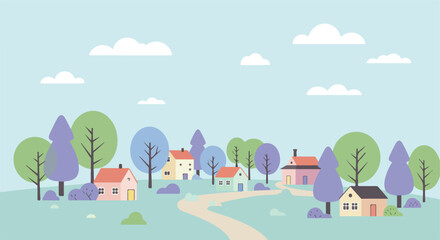 Cartoon houses along path. Blue sky & clouds background. Use education, design