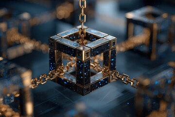 Innovative depiction of blockchain technology showcasing interconnected cubes with detailed designs in a futuristic environment