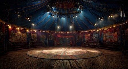 Circus stage awaits performers under big top lights surrounded by vintage striped tent 