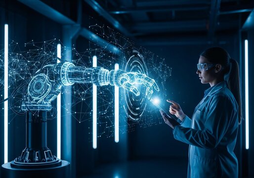 Engineer controls robotic arm with tablet interface