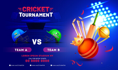 Cricket Tournament banner design with cricket equipment, winner crown, champion trophy and cricket attire helmet of participants teams India and Pakistan.