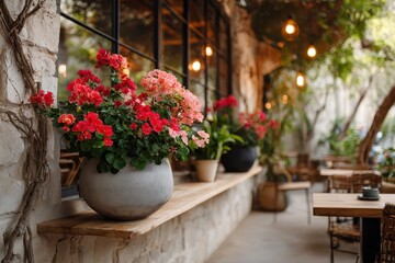 Fresh flowers in vibrant pots enhance the cozy ambiance of a cafe's outdoor seating area during a sunny day