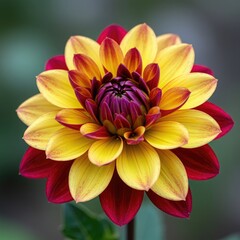 Obraz premium Vibrant Red and Yellow Dahlia Flower, Close-Up Macro Shot.