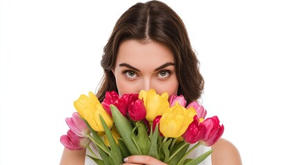 Brunette woman holding a bouquet of colorful tulips in front of her face