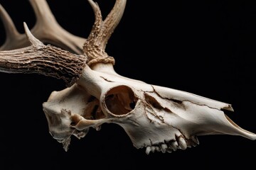 Naklejka premium Close up view of a deer skull showcasing intricate antler details against a black background, illustrating the beauty of natural bone structure and wildlife artistry