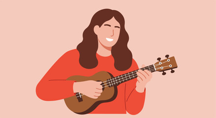 Obraz premium Woman playing ukulele on a plain background, perfect for music-related blogs or art
