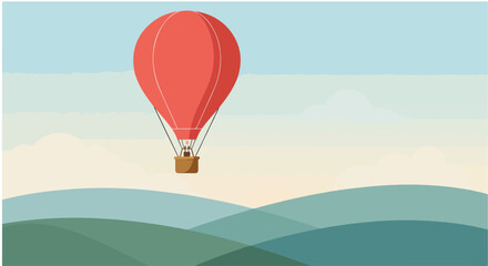 Hot air balloon flight over rolling hills against a sky background for cards