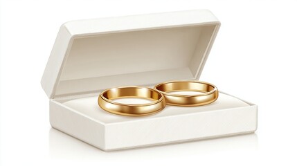 Two golden wedding rings rest in an open, clean, white ring box on a white surface