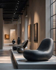 Modern lounge chair abstract sculpture minimalist art gallery interior natural light contemporary design calm atmosphere neutral color