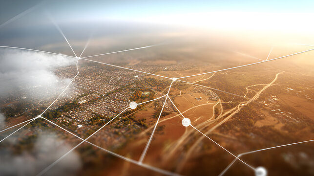 an aerial view of a city, showcasing a network of interconnected lines symbolizing technological and infrastructural connections. The image evokes a sense of modern urban development