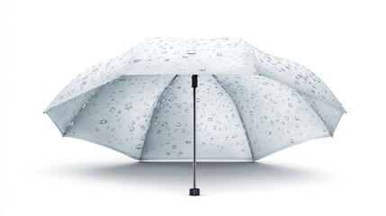 Opened, light-colored umbrella covered in droplets on a white background, soft shadow