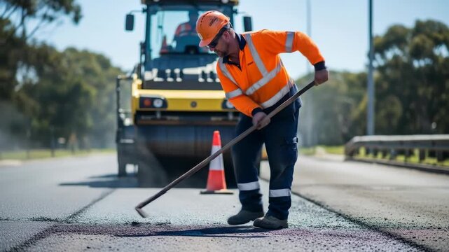 Road construction worker smoothing asphalt with a rake, road construction requiring skilled labor. Road construction area includes heavy equipment and orange safety cone.