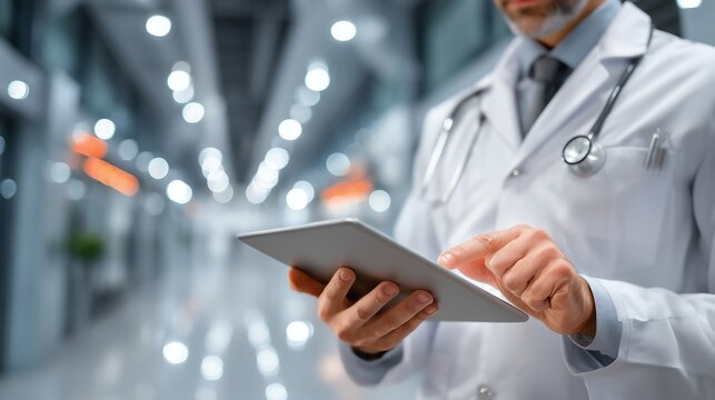 Asian doctor reviewing medical tablet in a modern hospital setting, wearing a crisp white coat, healthcare professional at work