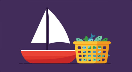 Boat by basket of fish, on deep backdrop for maritime illustration, icon, or graphic