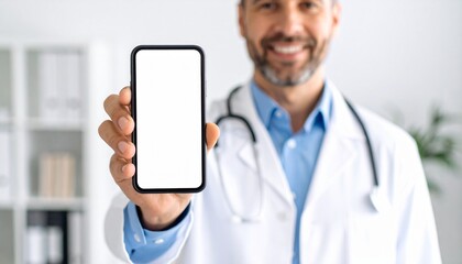 A male doctor is holding a cell phone in his hands, using a blank white mockup screen to demonstrate an ehealth mobile app for medical healthcare telemedicine advertisements and e telehealth online ap