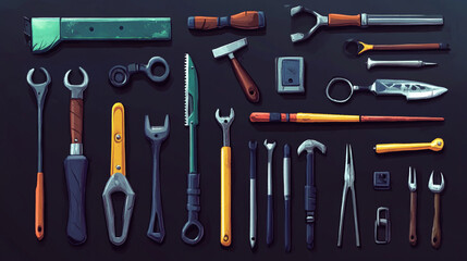 Assortment of tools neatly arranged on a dark surface including wrenches hammers saws and other hand tools