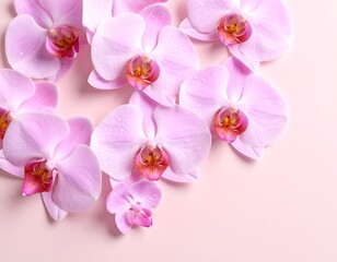 Delicate pink orchids arranged on a pale pink background, showcasing their intricate details and subtle water droplets