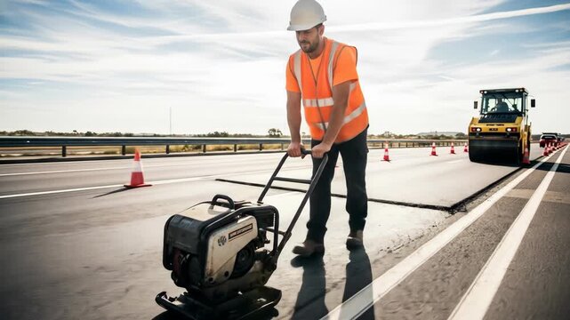 Road construction worker operating a vibratory plate compactor on highway, road construction. Man carefully compacting asphalt during road construction, enhancing infrastructure.