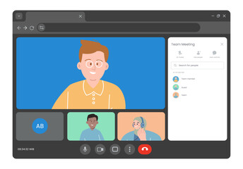 virtual team meeting showing group of diverse professionals collaborating on a video call. Dark interface for corporate presentations remote teams and business technology websites