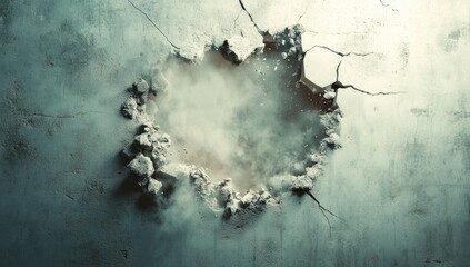 A 3D hole in the concrete wall, with cracks and dust flying out of it.