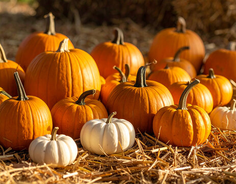 A close-up of a group of pumpkins and white decorative gourds lying on a haystack on a sunny fall day. The image conveys the atmosphere of harvest, Halloween, and Thanksgiving. Perfect for content rel