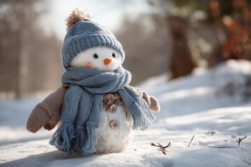 Fototapeta premium Little snowman with a cozy cap and scarf stands on soft snow in a bright winter landscape