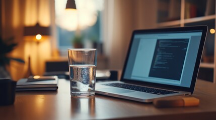 Focused coder working late on laptop with refreshing water, creating digital solutions at home office