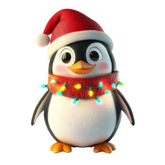 Fototapeta premium Penguin with Christmas lights on white background