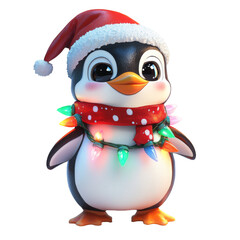 Penguin with Christmas lights on white background