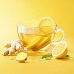 Refreshing lemon tea with fresh lemon slices ginger root and green leaves on bright yellow background perfect for healthy beverage concept