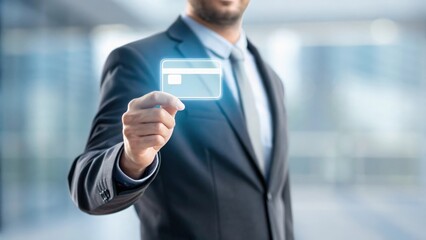 Businessman interacting with floating holographic credit card — futuristic digital payment approval
