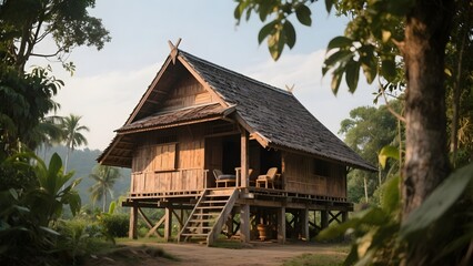 Traditional Elevated Wooden House Surrounded by Lush Greenery