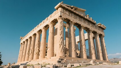 Obraz premium The Parthenon, an ancient Greek temple with iconic columns and sculptures under a clear blue sky.