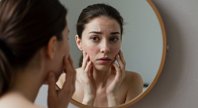 Young woman looking at her reflection with concern, checking facial acne and skin problems in bathroom mirror.