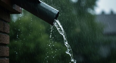 雨上がりの軒樋から勢いよく水が流れ落ちる様子