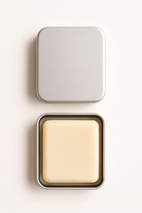 Obraz premium Minimalist solid soap container mockup made from recycled aluminum with clean white background