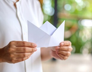 Close-up of hands holding a simple origami boat