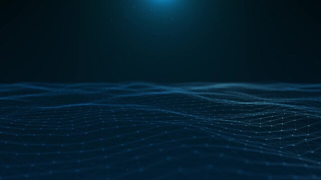 Abstract animation showing dynamic plexus wave grid pattern glowing across digital surface. data transmission, flow of connection, futuristic communication network, visualization digital energy motion