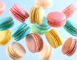 Obraz premium Colorful pastel macarons suspended in midair against a light blue background