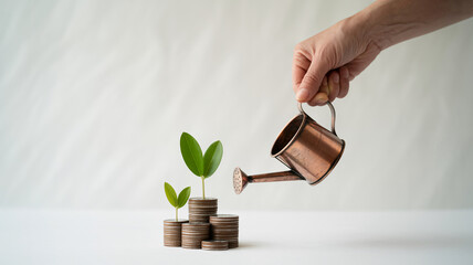 Hand watering small plants growing on stacks of coins with a watering can money growth