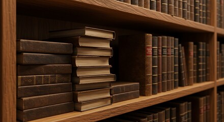 Obraz premium A collection of antique books with weathered spines on a wooden library bookshelf, evoking wisdom and history