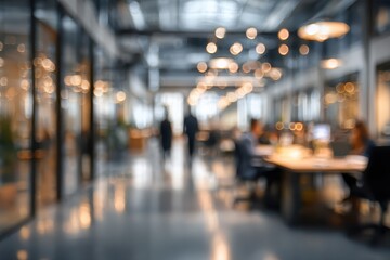 Fototapeta premium Blurred view of a modern office space with professionals engaged in various tasks and collaborative discussions