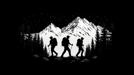 Fototapeta premium Hikers silhouette trekking mountains nighttime adventure nature landscape