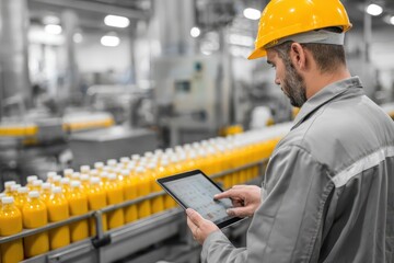 Worker in production facility uses tablet to monitor bottling process of orange juice during daytime operations